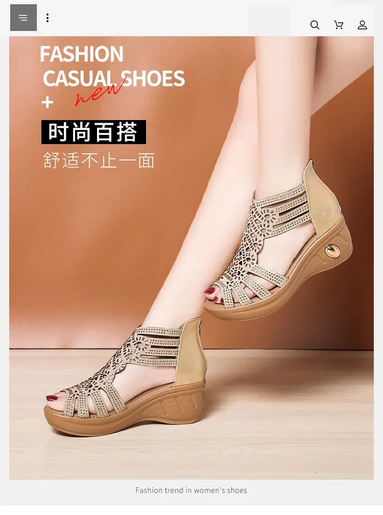 2024 New Fashion Wedge Sandals Women Summer Shoes Elegant Ladies Rome Hollow Out Sandals Female Sandalias Black Wedge Heels