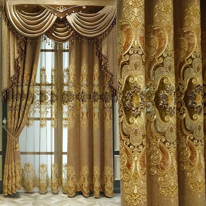 European-style Curtains for Luxury Living Room Upscale Door Chenille Embroidered Coffee Color Bedroom Window Villa Valance