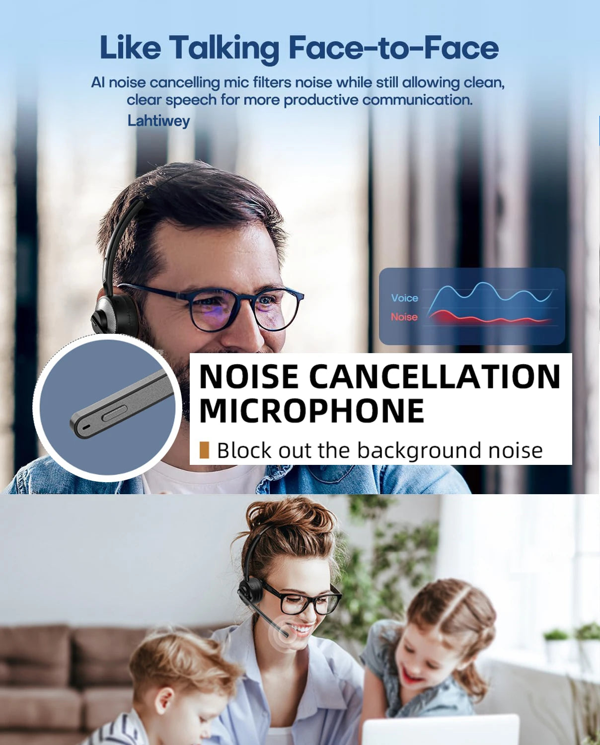 سماعة بلوتوث، سماعة رأس لاسلكية مزودة بميكروفون للعمل، سماعات رأس بلوتوث V5.3 لسائقي الشاحنات، سماعة رأس للكمبيوتر مزودة بميكروفون