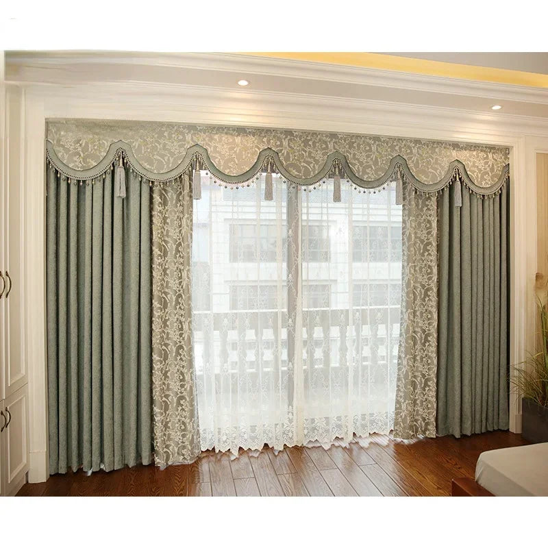 Custom Curtains for Living Room Simplicity Lace Splicing Green Chenille Blackout Embroidery Valance Tulle High Quality Fabric