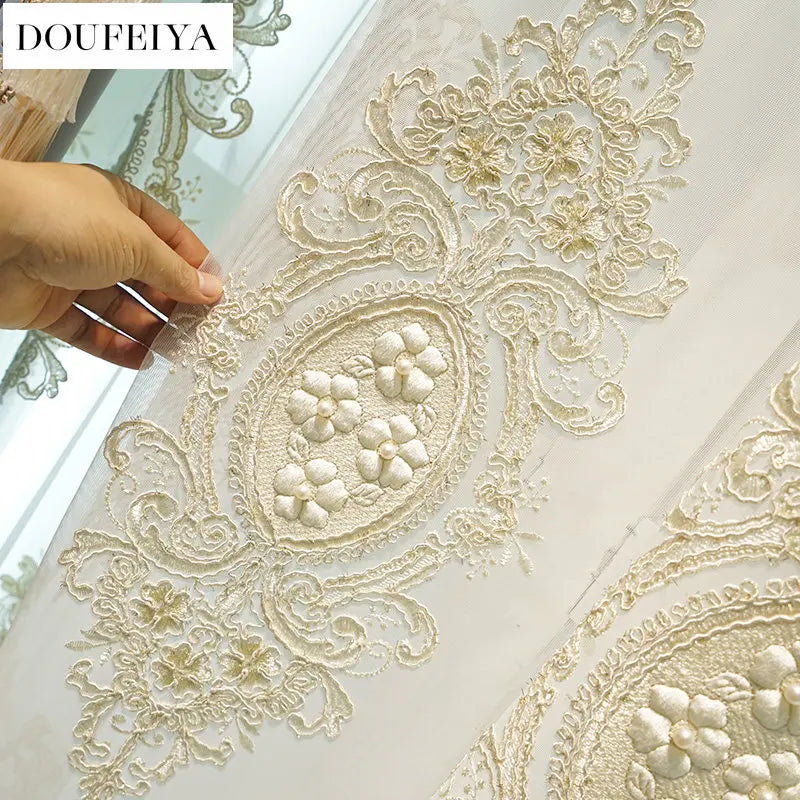 Modern European Luxury Curtains for Living Room Bedroom Blue Velvet Spliced Tassel Curtain Flat Valance Embroidered Tulle Custom