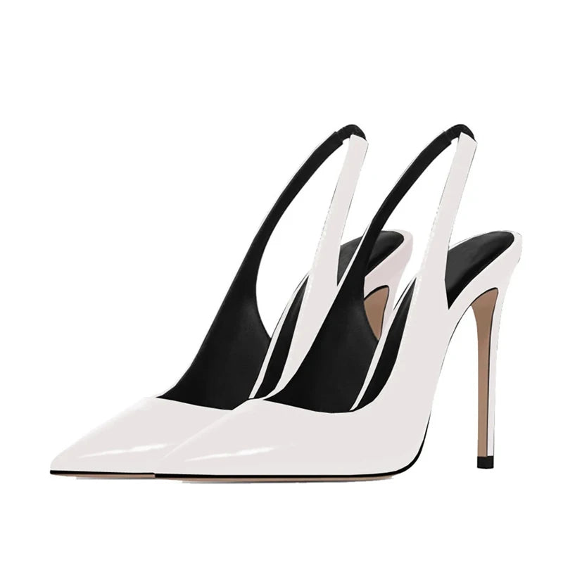 Sexy Black Patent Leather Pointy Toe Slingback Pumps 12cm Stiletto High Heels Elastic Band Woman Party Shoes Cutouts Heels QP246