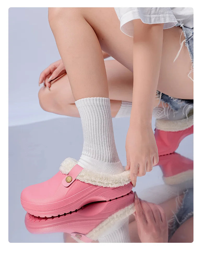 Waterproof Mule Clogs Men Slippers Winter Warm Unisex Fur Slippers House Room Slippers Trend Indoor Floor Shoes Slides For Women