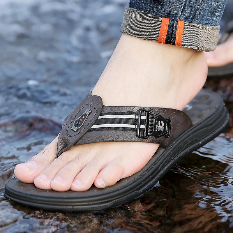 Big Size Leather Slippers for Men 2025 Summer New Designer Flip Flops Male Fashion Casual Outwear Beach Slipper Shoes Man