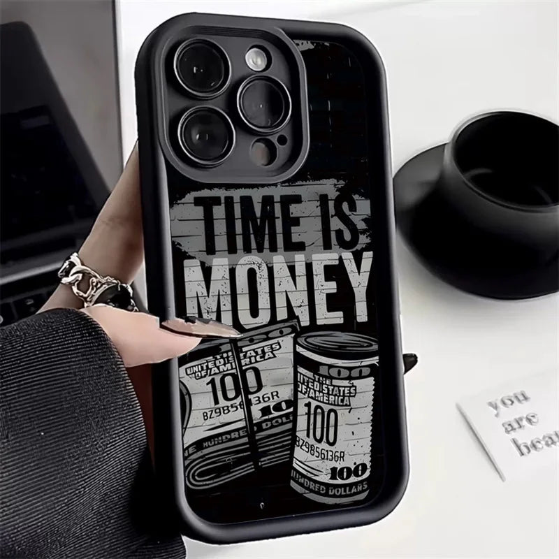 جراب هاتف لهاتف iPhone 17 16 15 14 12 11 13 Pro Max غطاء ناعم مطبوع عليه Time is Money لهاتف iPhone 17 Air 16E 7 8 Plus X XS