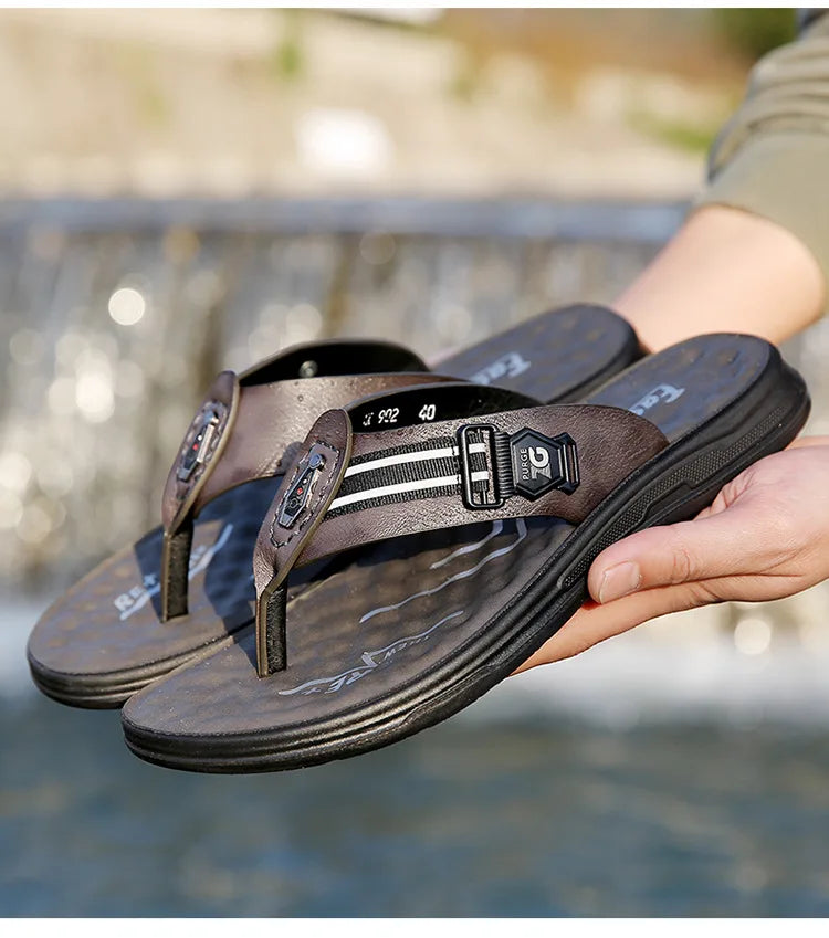 Big Size Leather Slippers for Men 2025 Summer New Designer Flip Flops Male Fashion Casual Outwear Beach Slipper Shoes Man