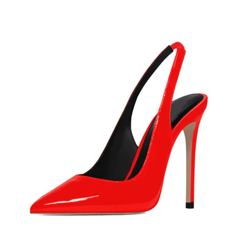 Sexy Black Patent Leather Pointy Toe Slingback Pumps 12cm Stiletto High Heels Elastic Band Woman Party Shoes Cutouts Heels QP246