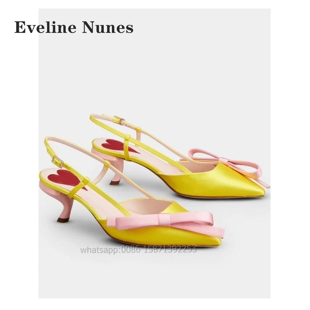 Bow Heart-Shaped Satin Sandals Pointed Toe Thin Heels Back Strap Side Air Slingback Women Pumps Buckle Strap Mixed Colors Shoes