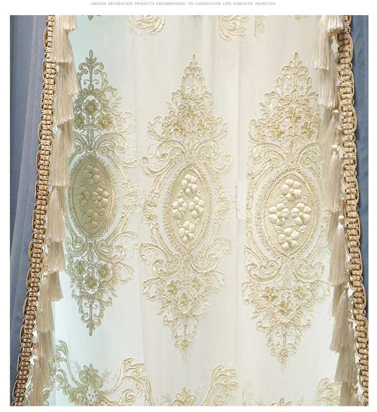 Modern European Luxury Curtains for Living Room Bedroom Blue Velvet Spliced Tassel Curtain Flat Valance Embroidered Tulle Custom