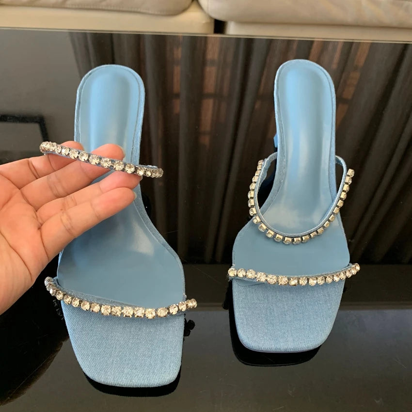 Denim Rhinestone Heels Sandals Women Mules 2024 Fashion High heels Women Shoes Sexy Open Toe Pumps Modern Office Casual Sandals