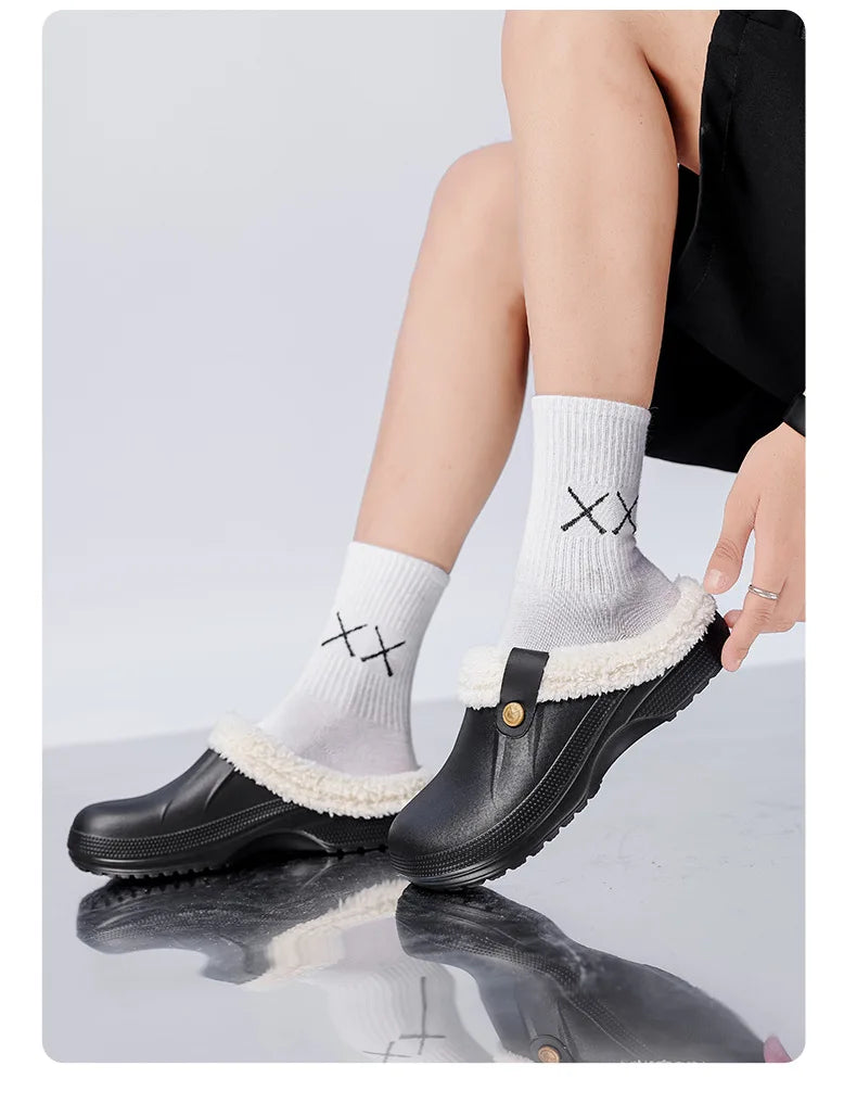 Waterproof Mule Clogs Men Slippers Winter Warm Unisex Fur Slippers House Room Slippers Trend Indoor Floor Shoes Slides For Women