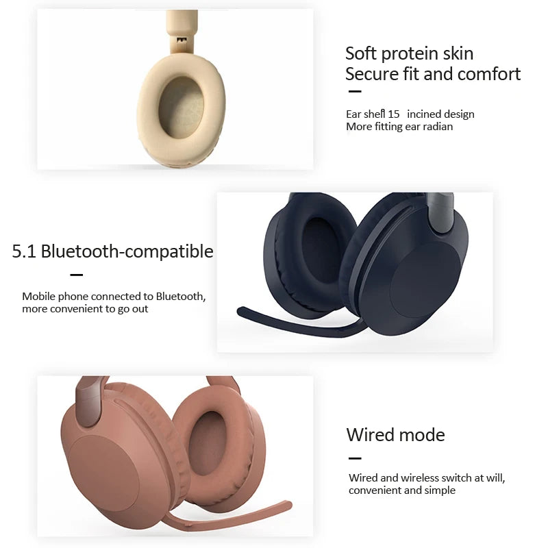 سماعة رأس لاسلكية متوافقة مع تقنية البلوتوث مع ميكروفون، سماعة رأس ستيريو هاي فاي BT5.1 فوق الأذن، بدون استخدام اليدين، للمكالمات والموسيقى