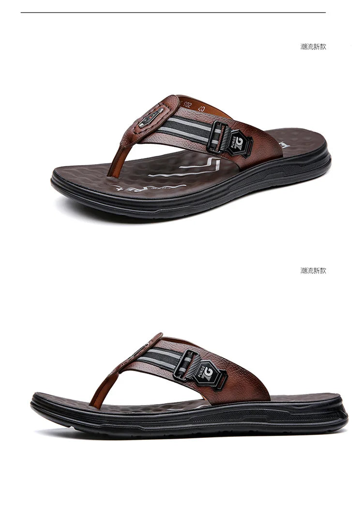 Big Size Leather Slippers for Men 2025 Summer New Designer Flip Flops Male Fashion Casual Outwear Beach Slipper Shoes Man