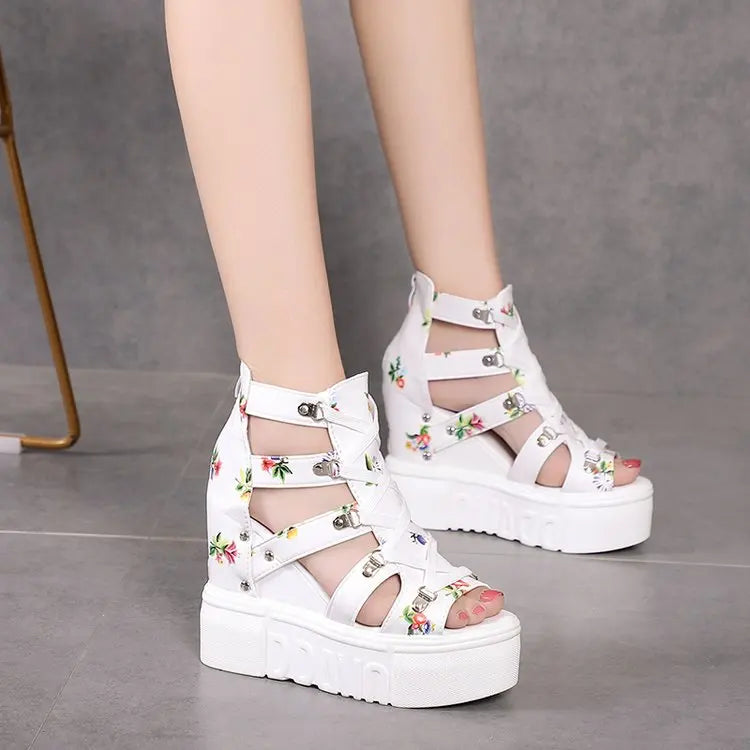 Ladies High-heel Women's Wedge Sandals Summer Thick-bottom Hollow Fish Mouth Roman Style Gladiator Casual Zipper Platform Shoe