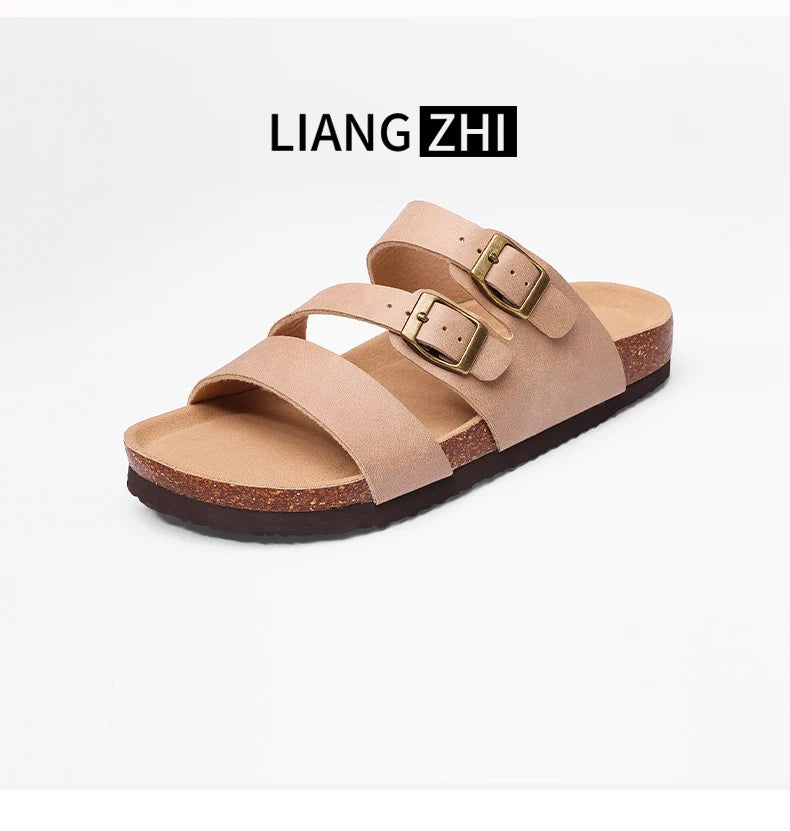 Comwarm Women New Clogs Slippers Summer Fashion Open Toe Beach Shoes With Double Buckle New Cork Footbed Mule Sandals Home Slide