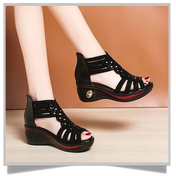2024 New Fashion Wedge Sandals Women Summer Shoes Elegant Ladies Rome Hollow Out Sandals Female Sandalias Black Wedge Heels