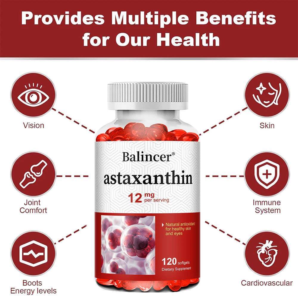 Astaxanthin 12mg - Supports Eye Health, Joint Health, Internal Circulation, Skin Health, Boosts Immunity, Improves Digestion