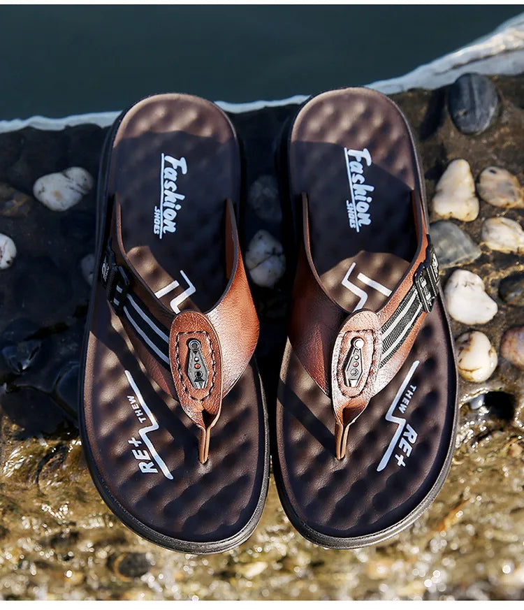 Big Size Leather Slippers for Men 2025 Summer New Designer Flip Flops Male Fashion Casual Outwear Beach Slipper Shoes Man