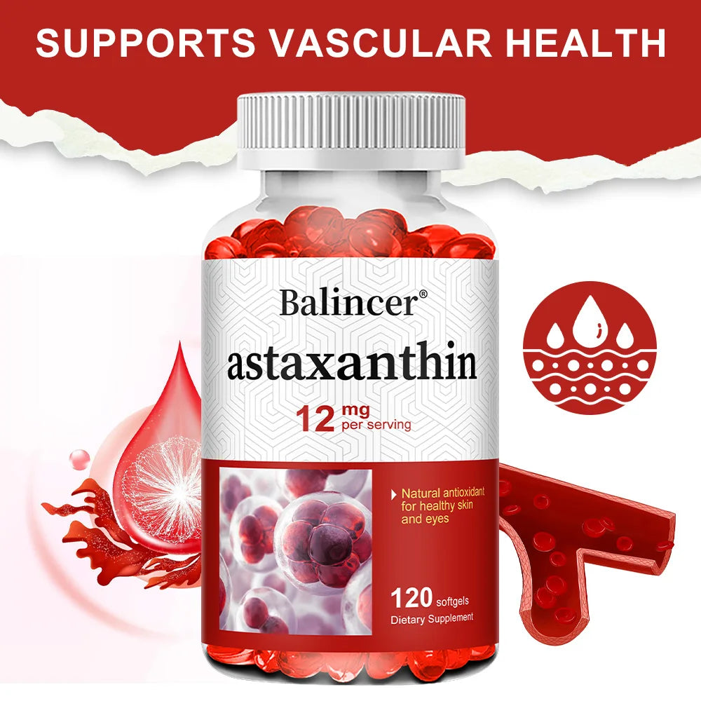 Astaxanthin 12mg - Supports Eye Health, Joint Health, Internal Circulation, Skin Health, Boosts Immunity, Improves Digestion