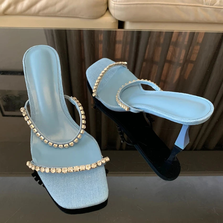 Denim Rhinestone Heels Sandals Women Mules 2024 Fashion High heels Women Shoes Sexy Open Toe Pumps Modern Office Casual Sandals