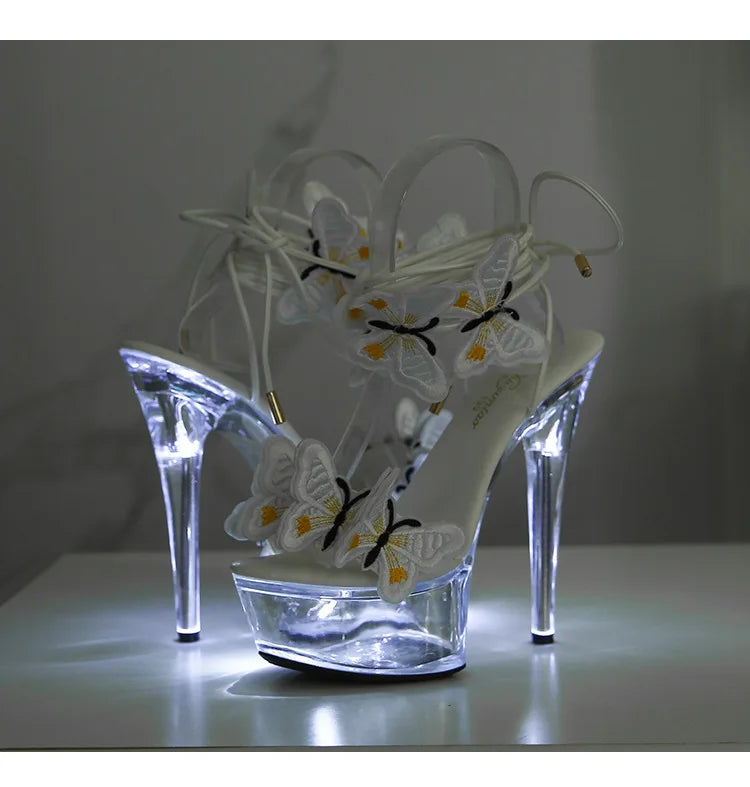 Transparent Platform LED Light Up Sandals Women Lace-up Pole Dance Shoes Summer Model Show Fashion Butterfly High Heels Size 43