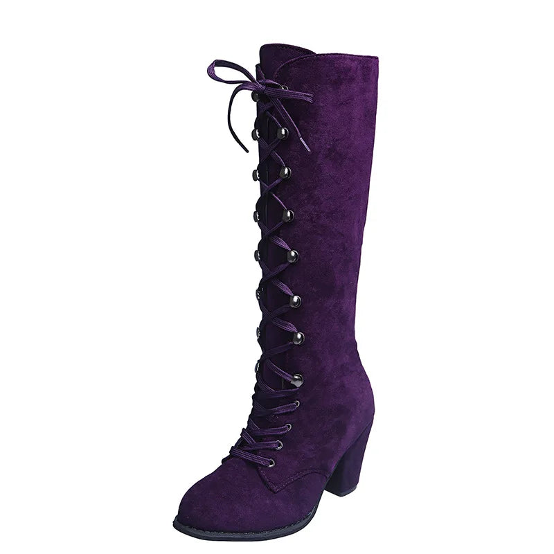 Winter Autumn Woman Knee High Boots Woman Long Boots Lace Up Fashion Sweet Woman Boots Daily Footwear 35-43 Purple Square Heel