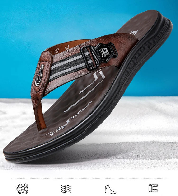 Big Size Leather Slippers for Men 2025 Summer New Designer Flip Flops Male Fashion Casual Outwear Beach Slipper Shoes Man
