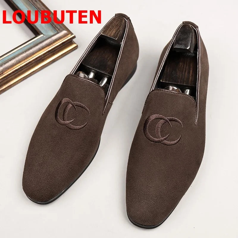 LOUBUTEN Men Suede Leather Shoes Fashion Embroidery Loafer Man Casual Shoes Handmade Dress Shoes Slippers Party Shoes