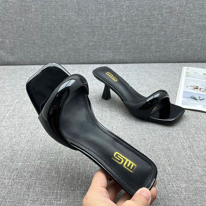 Modern Slippers 2024 Summer New Patent Leather Asymmetric High Heel Slippers Stiletto Stylish Outside Women's Sandals