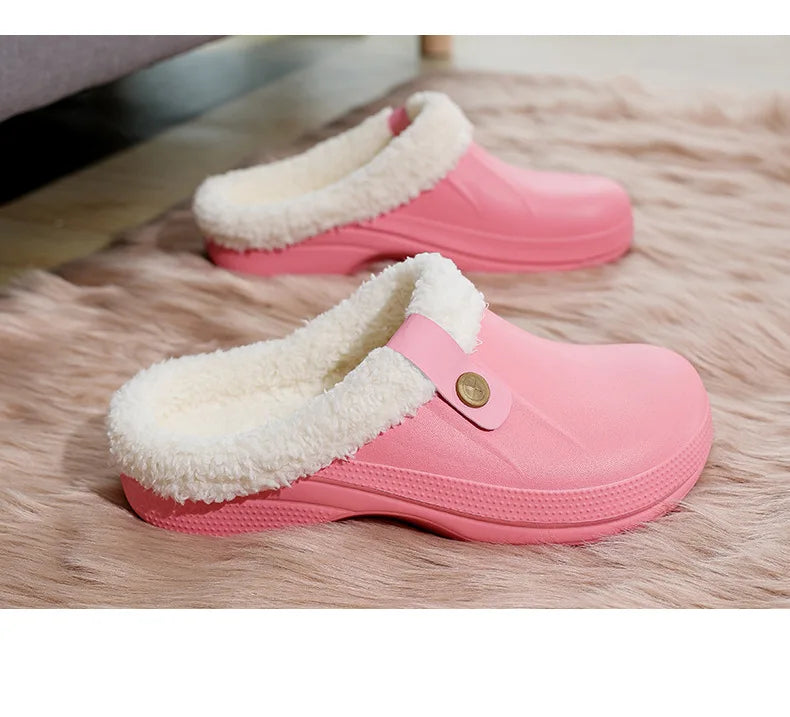 Waterproof Mule Clogs Men Slippers Winter Warm Unisex Fur Slippers House Room Slippers Trend Indoor Floor Shoes Slides For Women
