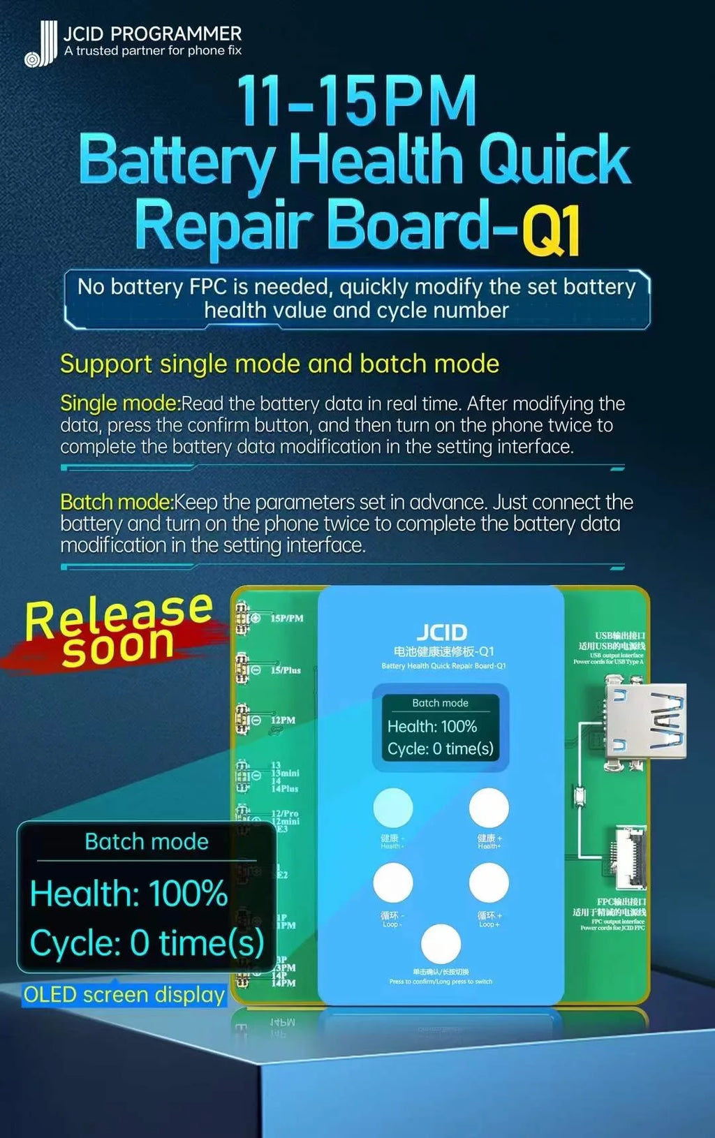 JCID JC Q1 Battery Health Quick Repair Board-Q1 For iPhone 11-15 ProMax Battery Health Pop-up Repair Reset Health Data Cycle