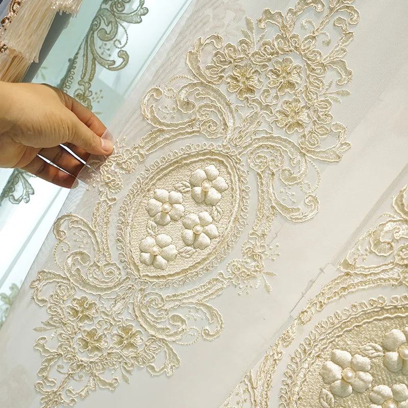 Modern European Luxury Curtains for Living Room Bedroom Blue Velvet Spliced Tassel Curtain Flat Valance Embroidered Tulle Custom