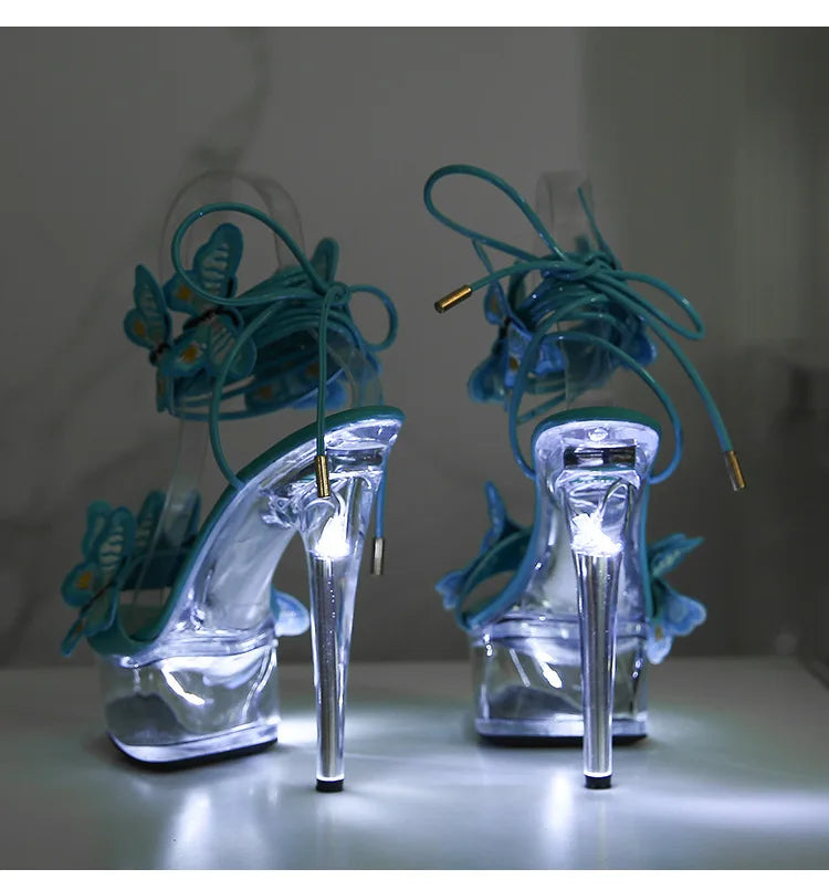 Transparent Platform LED Light Up Sandals Women Lace-up Pole Dance Shoes Summer Model Show Fashion Butterfly High Heels Size 43