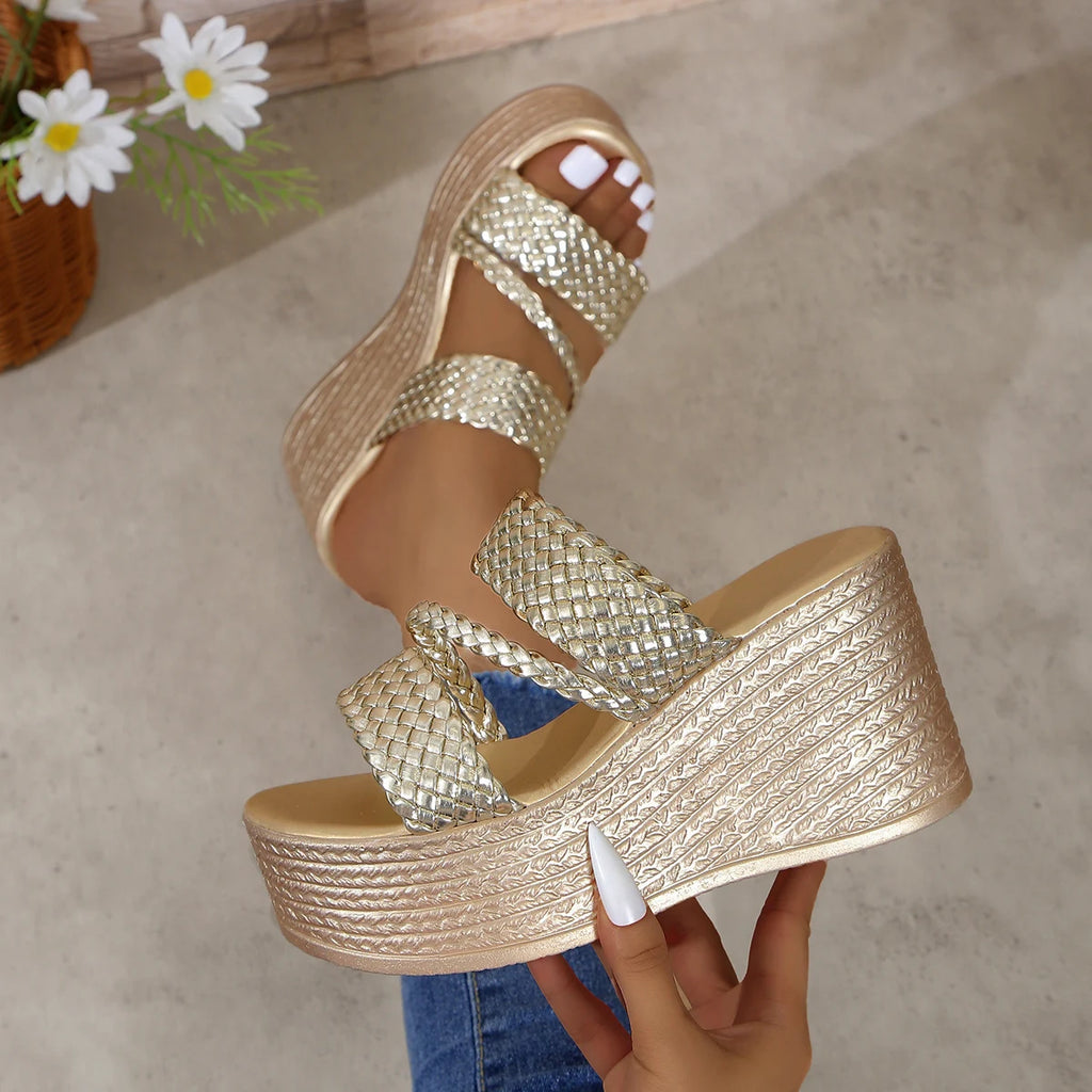 Women Sandals 2025 Summer New Outdoor Beach Sandals Comfortable Gold Wedges Shoes for Women Design Casual Sandals Size 35-43