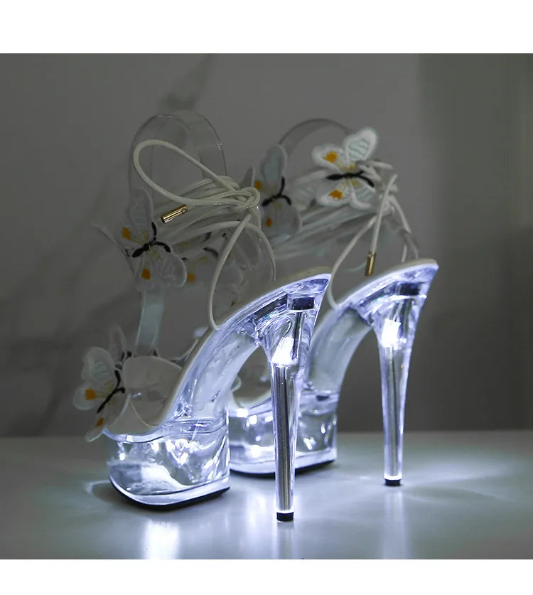Transparent Platform LED Light Up Sandals Women Lace-up Pole Dance Shoes Summer Model Show Fashion Butterfly High Heels Size 43