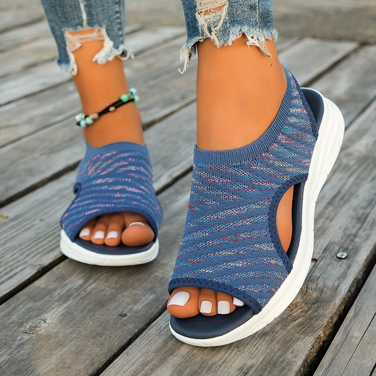 Summer 2024 Flat Bottom Roman Sandals Casual Knitting Comfortable Ladies Shoes Women's Slip-on Walking Shoes