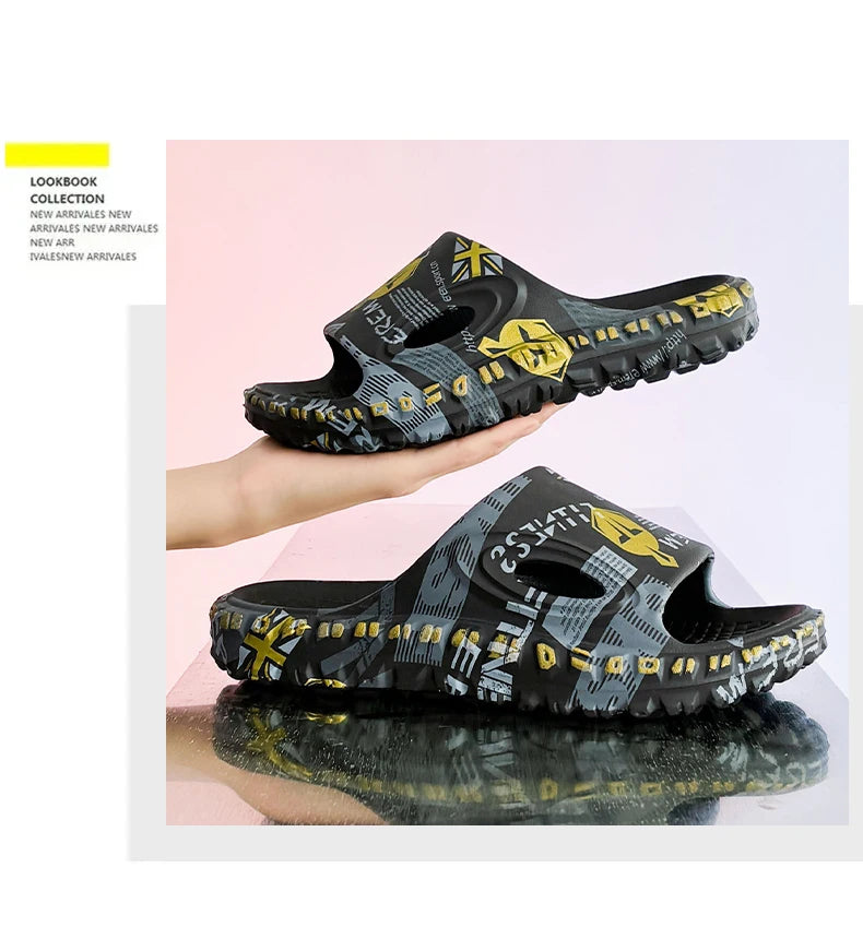 New Stylish Men Slides Shoes Indoor Comfortable Summer Male Casual Slippers Print Soft Non-slip Massage EVA Slippers Outdoor 886