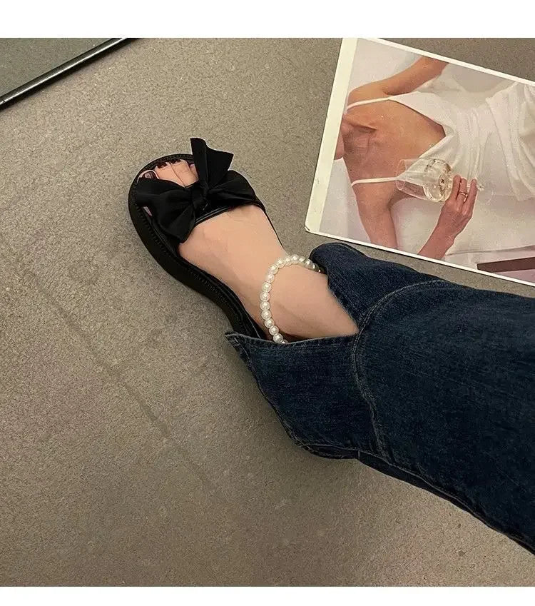 Comfort Shoes for Women Pearl Sandals Suit Female Beige Increasing Height Block Heels All-Match Black Bow 2024 Fashion Chunky Gi