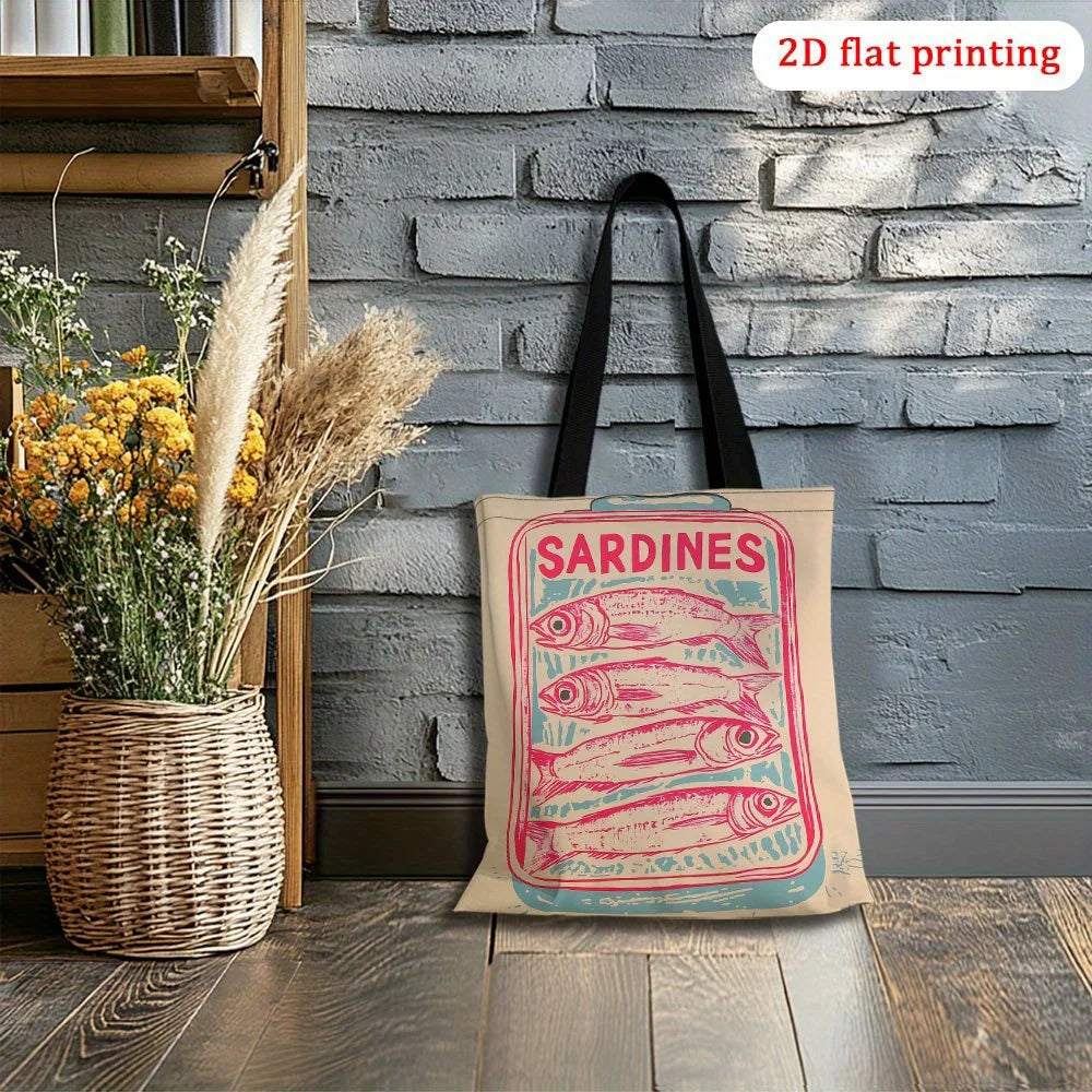 1pc Vintage Sardines Illustration Tote Bag - Retro Design, Durable Polyester Unisex Shoulder Bag for Men & Women