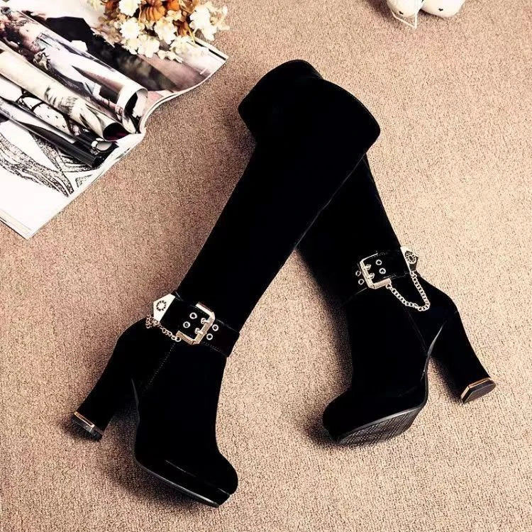 Ankle Metal Belt Buckle Metal Chain Frosted Flock Women's Elastic Boots Platform Ultra-High Thick Heel Zipper Knee High Boots
