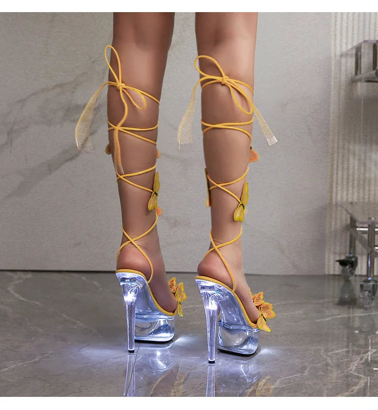Transparent Platform LED Light Up Sandals Women Lace-up Pole Dance Shoes Summer Model Show Fashion Butterfly High Heels Size 43