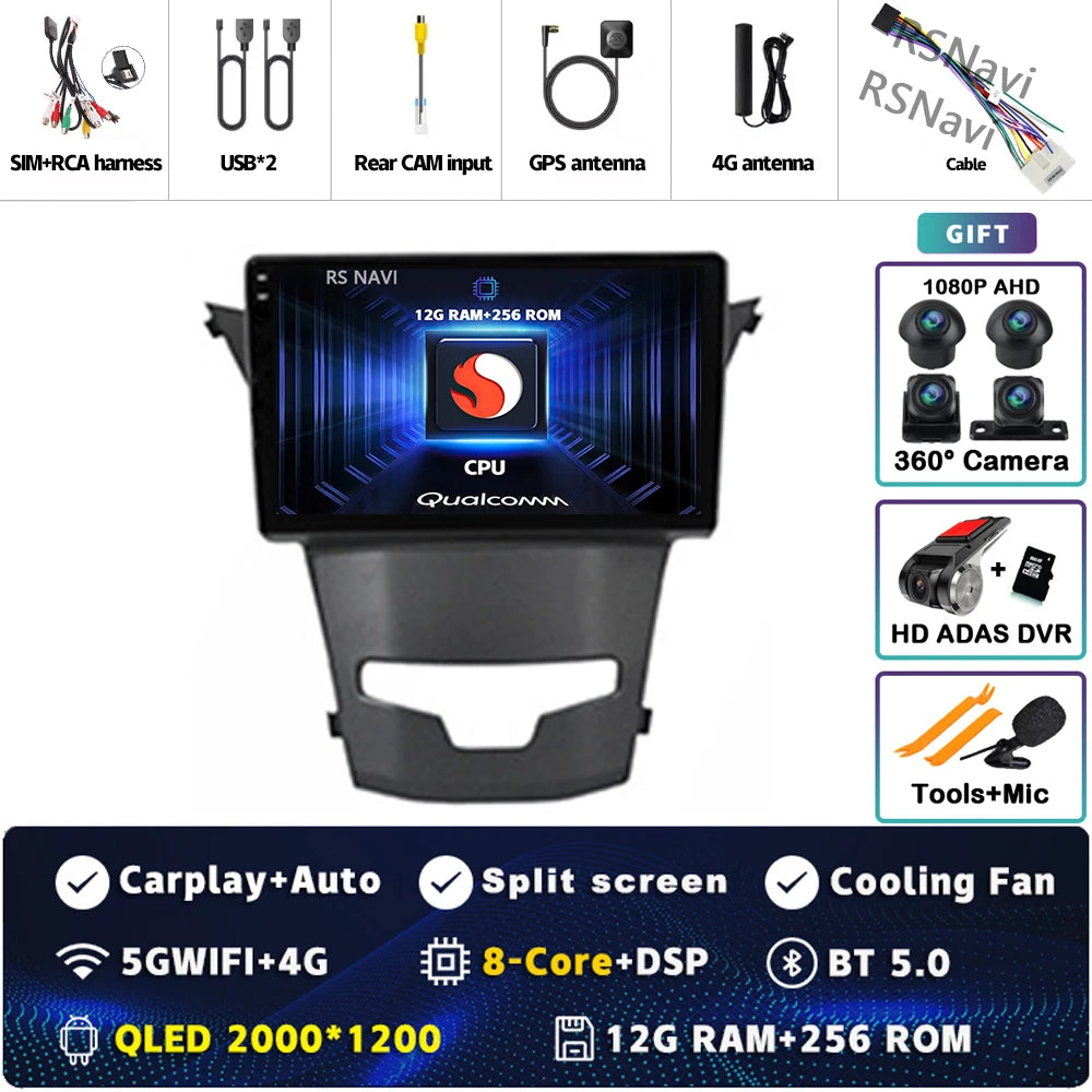 Android 15 For SsangYong Korando 3 Actyon 2 2013-2017 2K QLED Android Car Radio Multimedia Video Player GPS Stereo CarPlay 4G BT