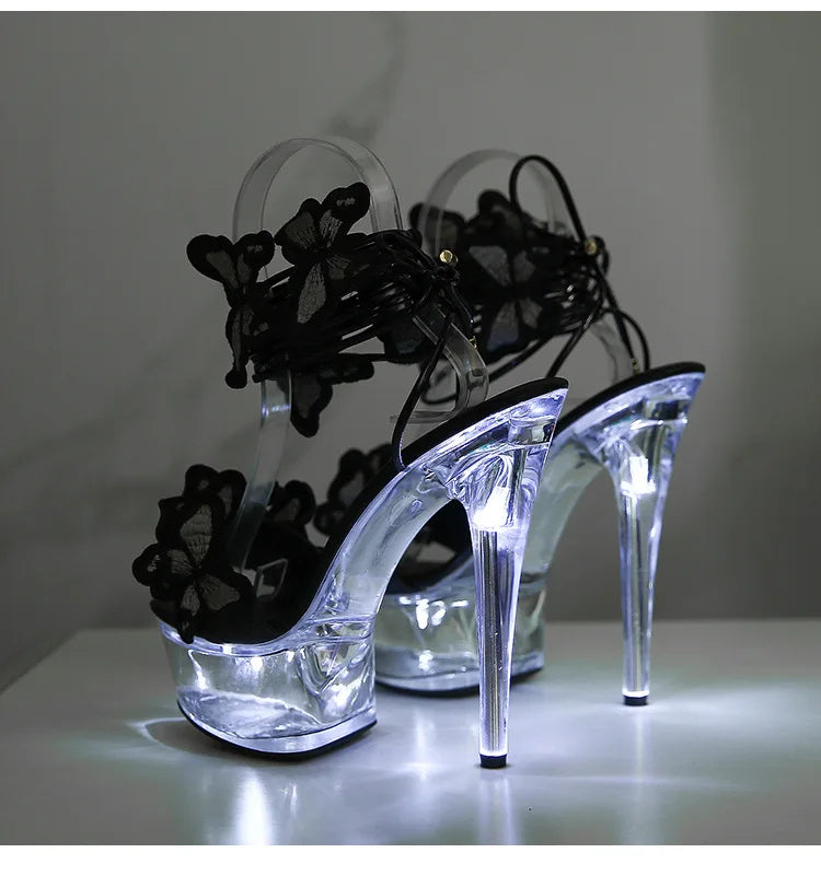 Transparent Platform LED Light Up Sandals Women Lace-up Pole Dance Shoes Summer Model Show Fashion Butterfly High Heels Size 43