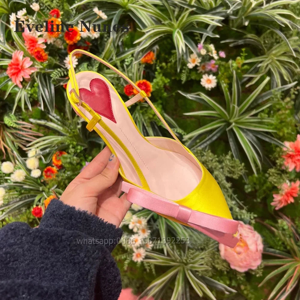 Bow Heart-Shaped Satin Sandals Pointed Toe Thin Heels Back Strap Side Air Slingback Women Pumps Buckle Strap Mixed Colors Shoes