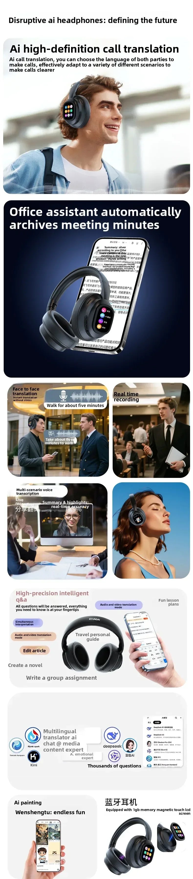 New HYUNDAI X1PRO Wireless Bluetooth 6.0 Headphone,AI Translation Earphones,100+Languages,With Magnetic Touch Control LED Screen