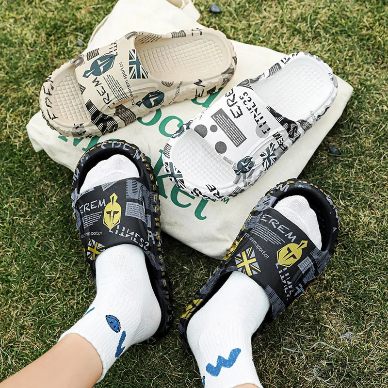 New Stylish Men Slides Shoes Indoor Comfortable Summer Male Casual Slippers Print Soft Non-slip Massage EVA Slippers Outdoor 886
