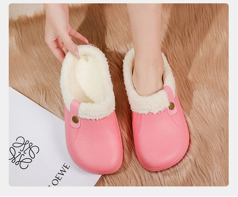 Waterproof Mule Clogs Men Slippers Winter Warm Unisex Fur Slippers House Room Slippers Trend Indoor Floor Shoes Slides For Women