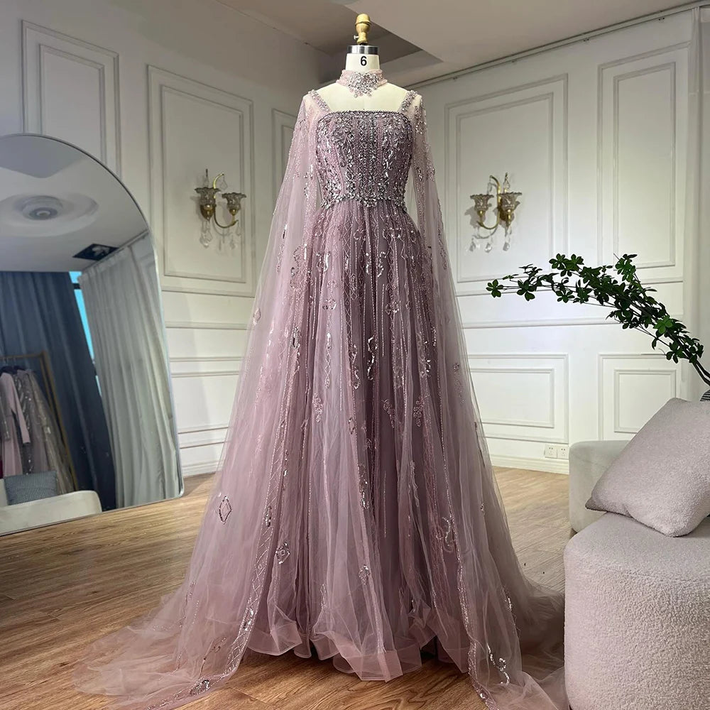 Serene Hill 2025 Arabic Nude A Line Cape Sleeve Crystal Beaded Luxury Evening Dresses Gowns Formal Occasion Customize BLA72764