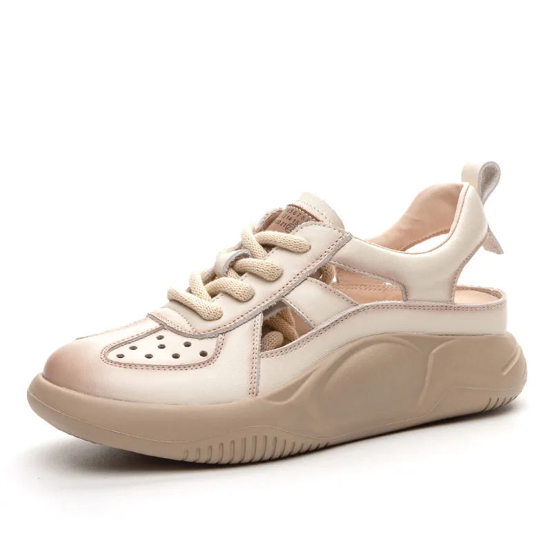 DRKANOL Platform Sandals Women Summer Round Toe Shoes Lace-Up Genuine Leather Thick Bottom Lightweight Casual Sneakers Sandals