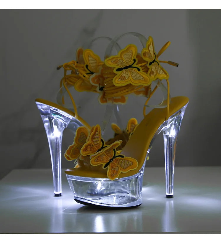 Transparent Platform LED Light Up Sandals Women Lace-up Pole Dance Shoes Summer Model Show Fashion Butterfly High Heels Size 43